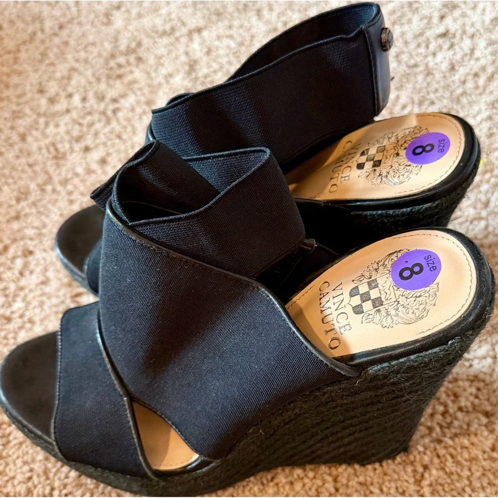 Vince Camuto Black Calf Hair Cork Platform Wedge Sandals Buckle Strap Size 8M 38